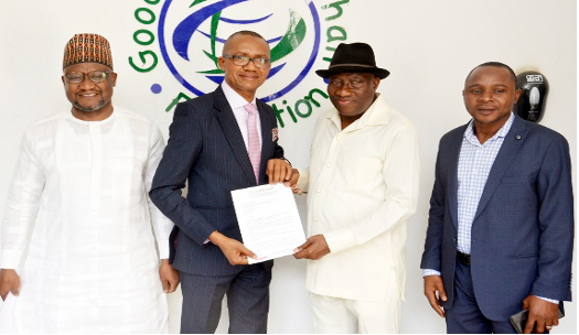 Editor-in-chief of LEADERSHIP Group, Azu Ishiekwene (2nd left), presenting a letter to former President Goodluck Jonathan concerning the Conference and Awards during a courtesy visit in Abuja, Tuesday November 06, 2022. With them are Director, LEADERSHIP Group, Abraham Nda-Isaiah (left), and Group Managing Director, Muazu Elazeh.